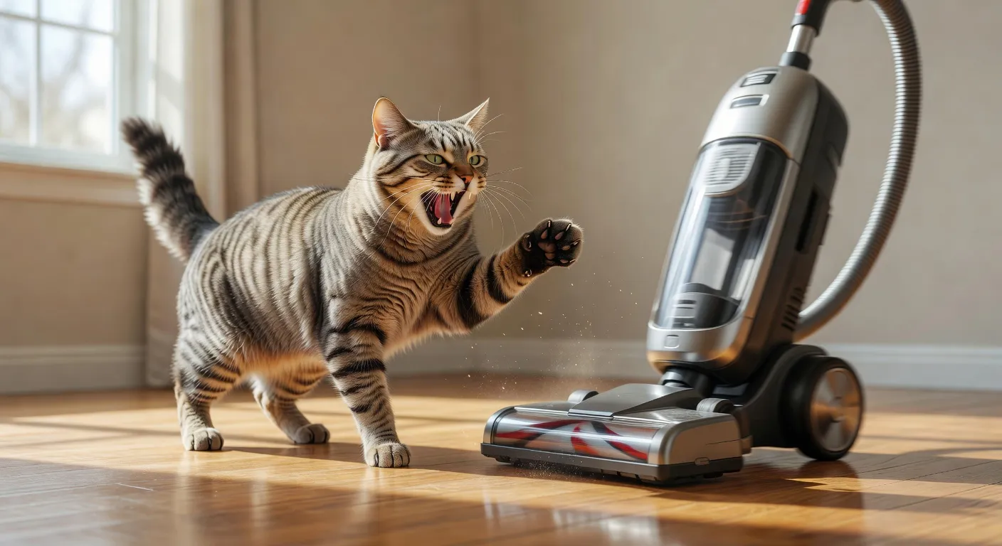 Un chat roux qui détourne la tête face à un flacon de nettoyant parfumé