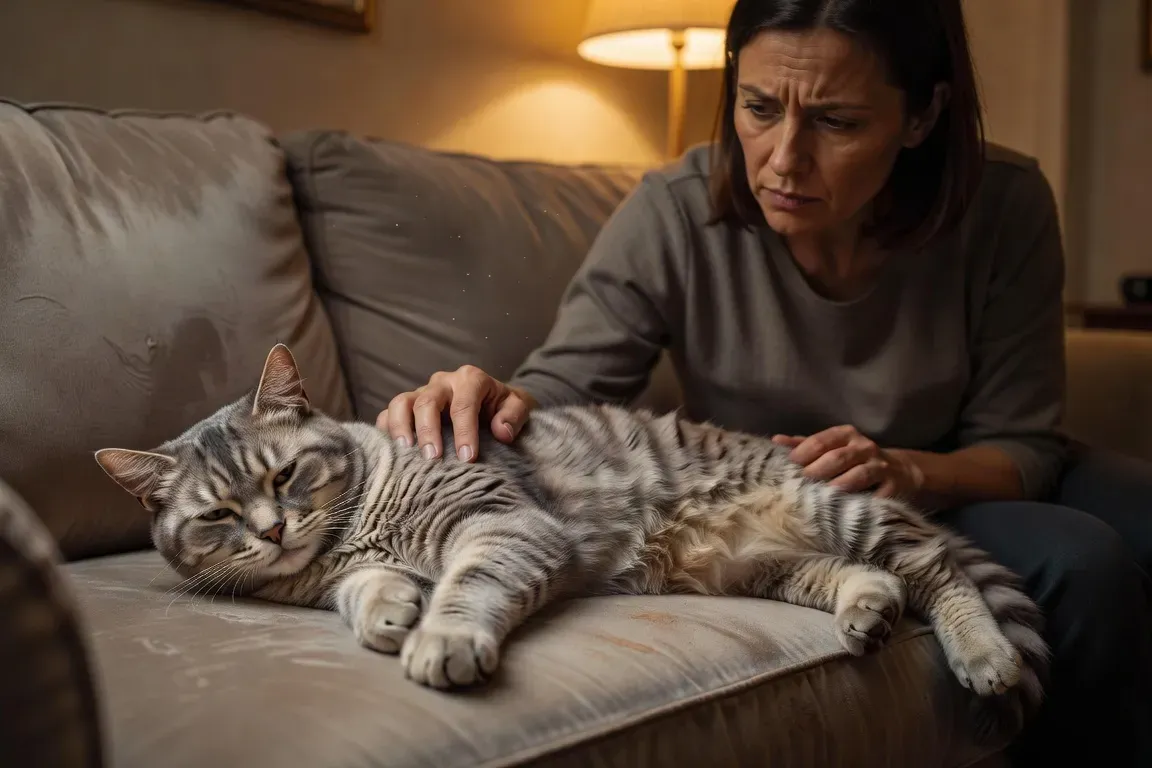 Chat recroquevillé dans une posture de douleur, poil terne, troisième paupière visible