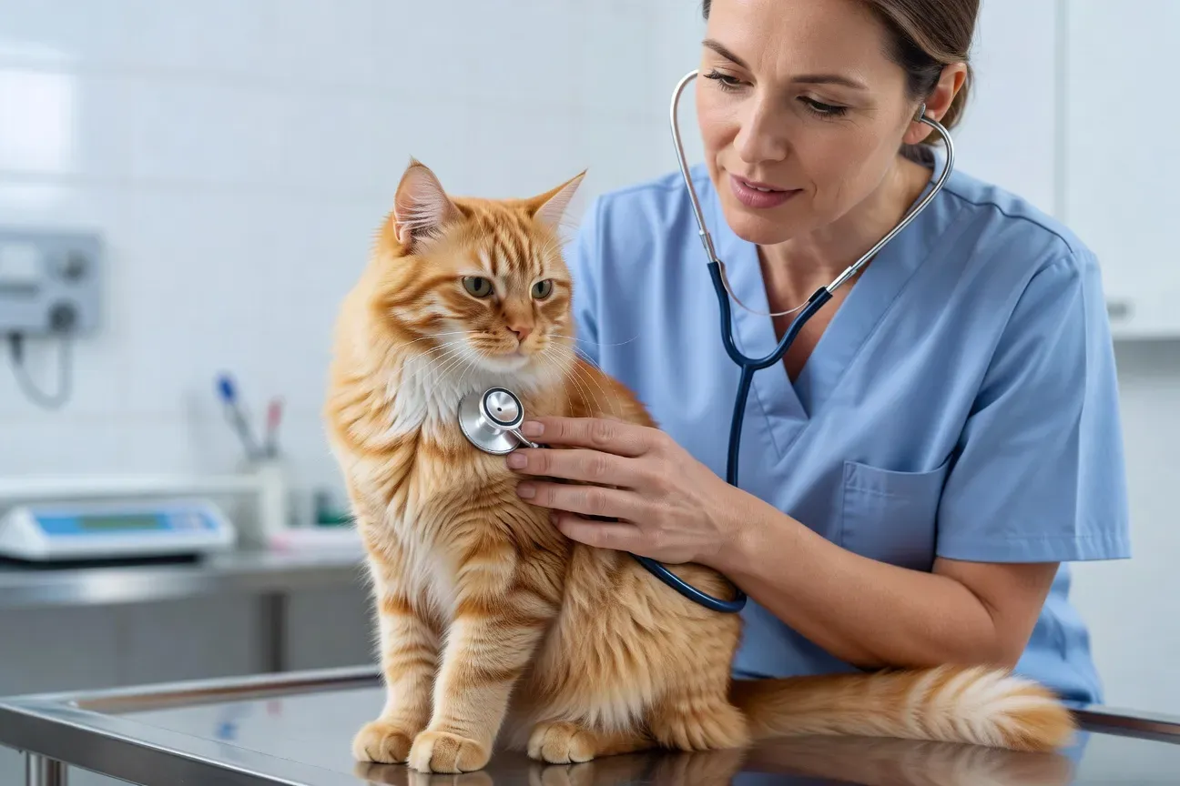 Vétérinaire examinant un chat avec attention, table d'examen clinique