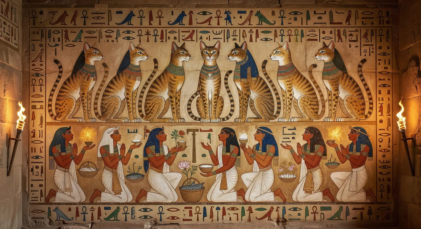 Représentation artistique de la déesse Bastet dans un temple égyptien