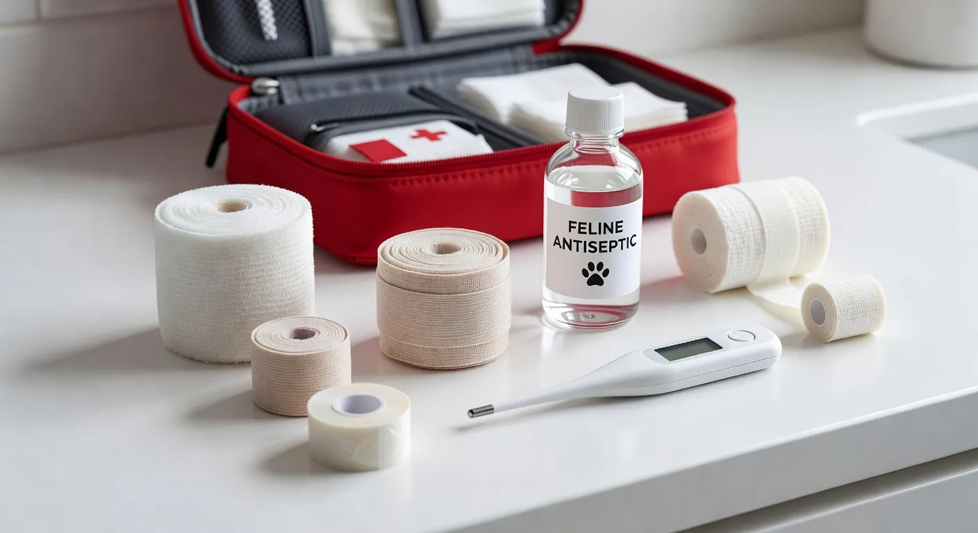 Un chat roux devant deux gamelles bien remplies et une fontaine à eau moderne