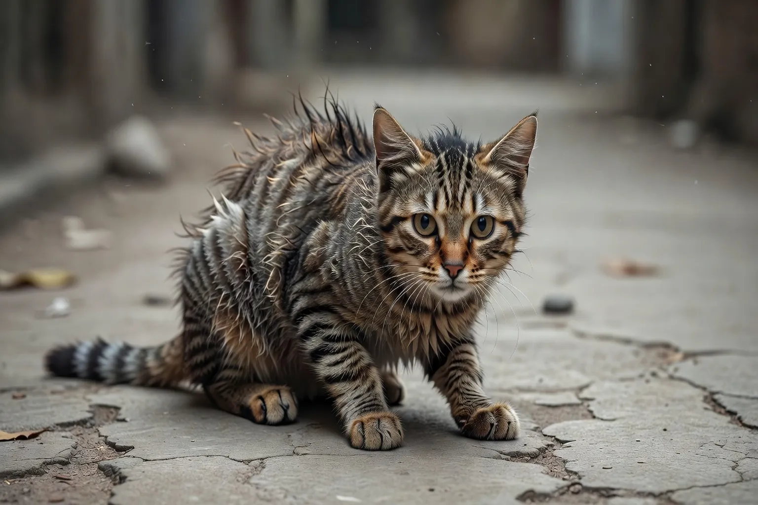 Un chat au pelage ébouriffé, posture basse et oreilles en arrière, illustrant les signaux corporels du stress félin