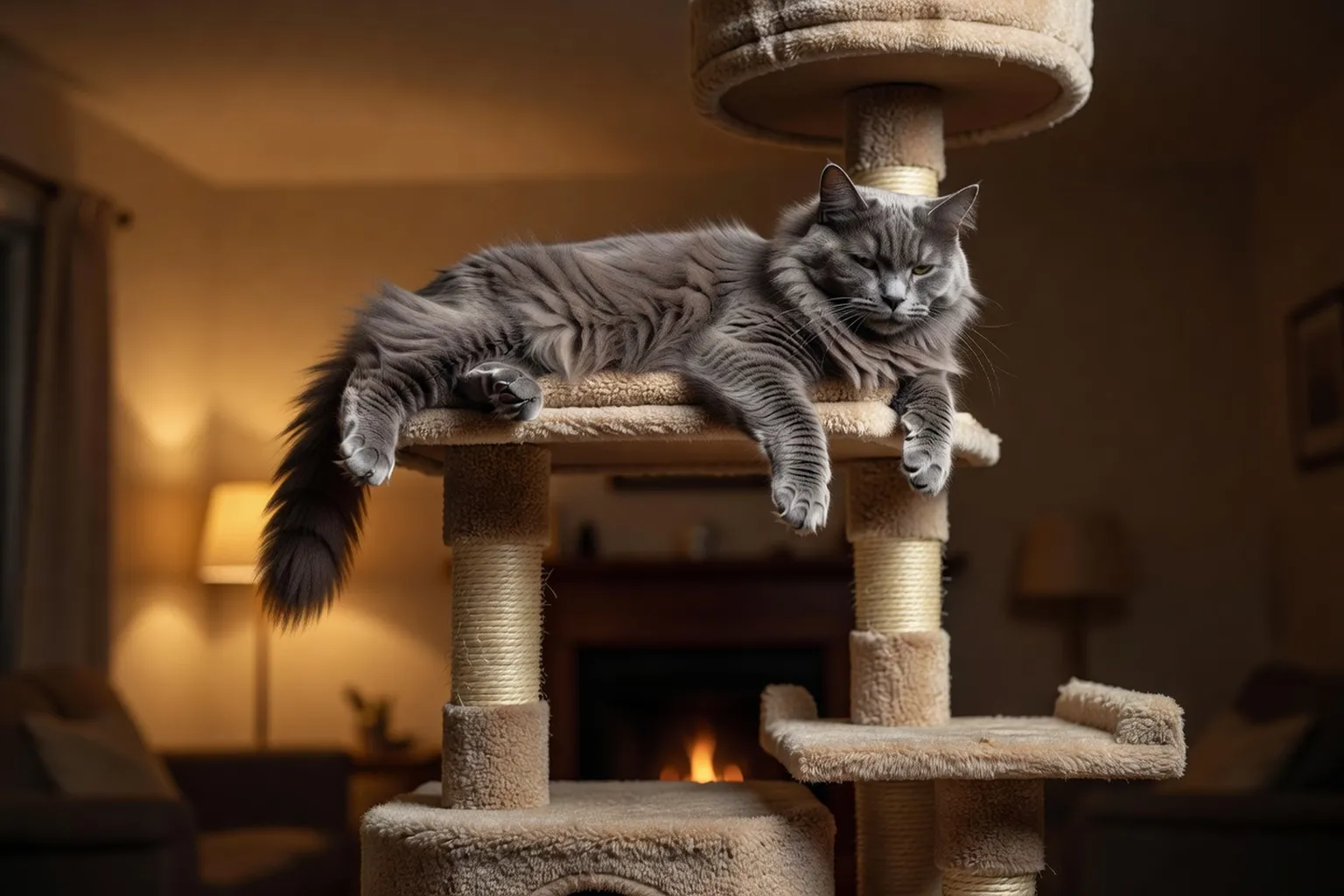 Chat détendu dans une zone de repos surélevée avec vue sur la pièce — l’importance de la verticalité dans la gestion du stress félin