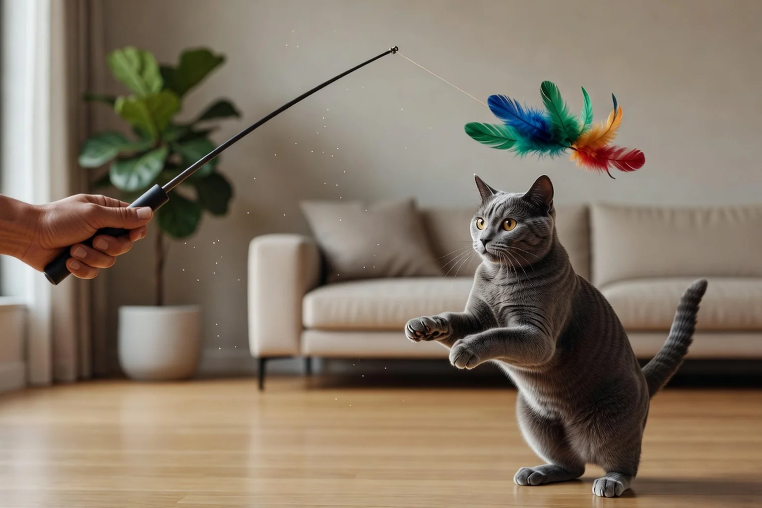 Une main tenant une canne à pêche à plumes devant un chat gris qui bondit pour jouer dans un salon lumineux