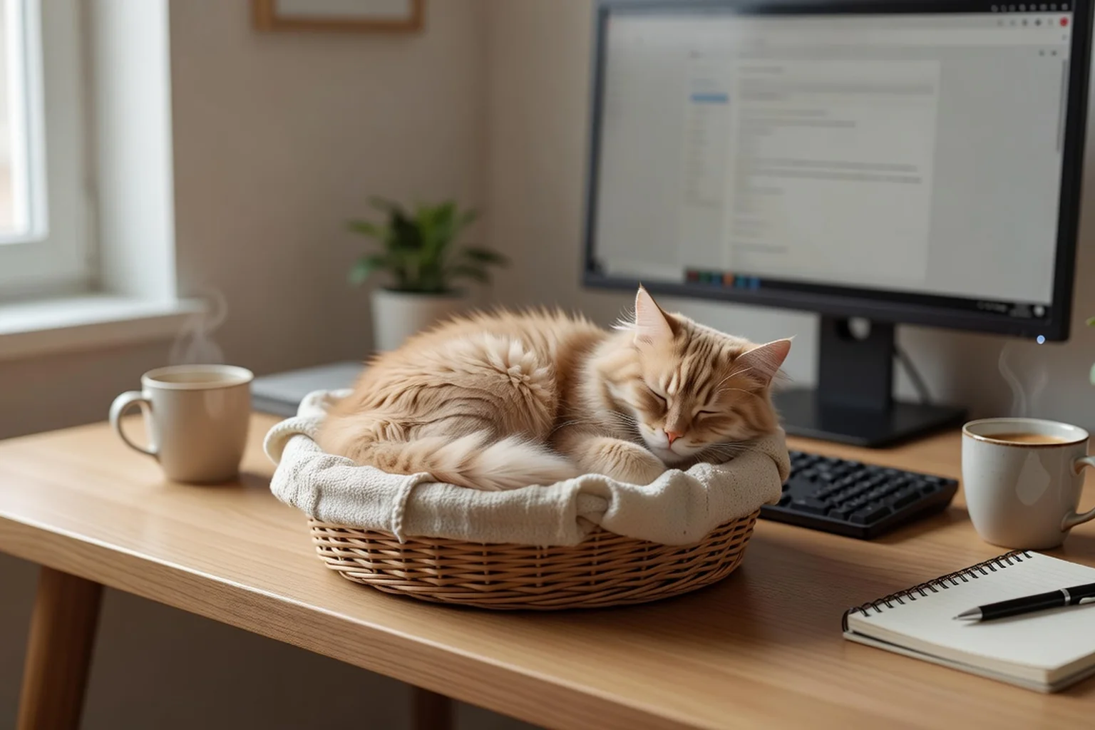 Un chat gris roulé en boule dormant paisiblement dans un panier douillet posé à côté d'un clavier et d'un écran d'ordinateur sur un bureau en télétravail