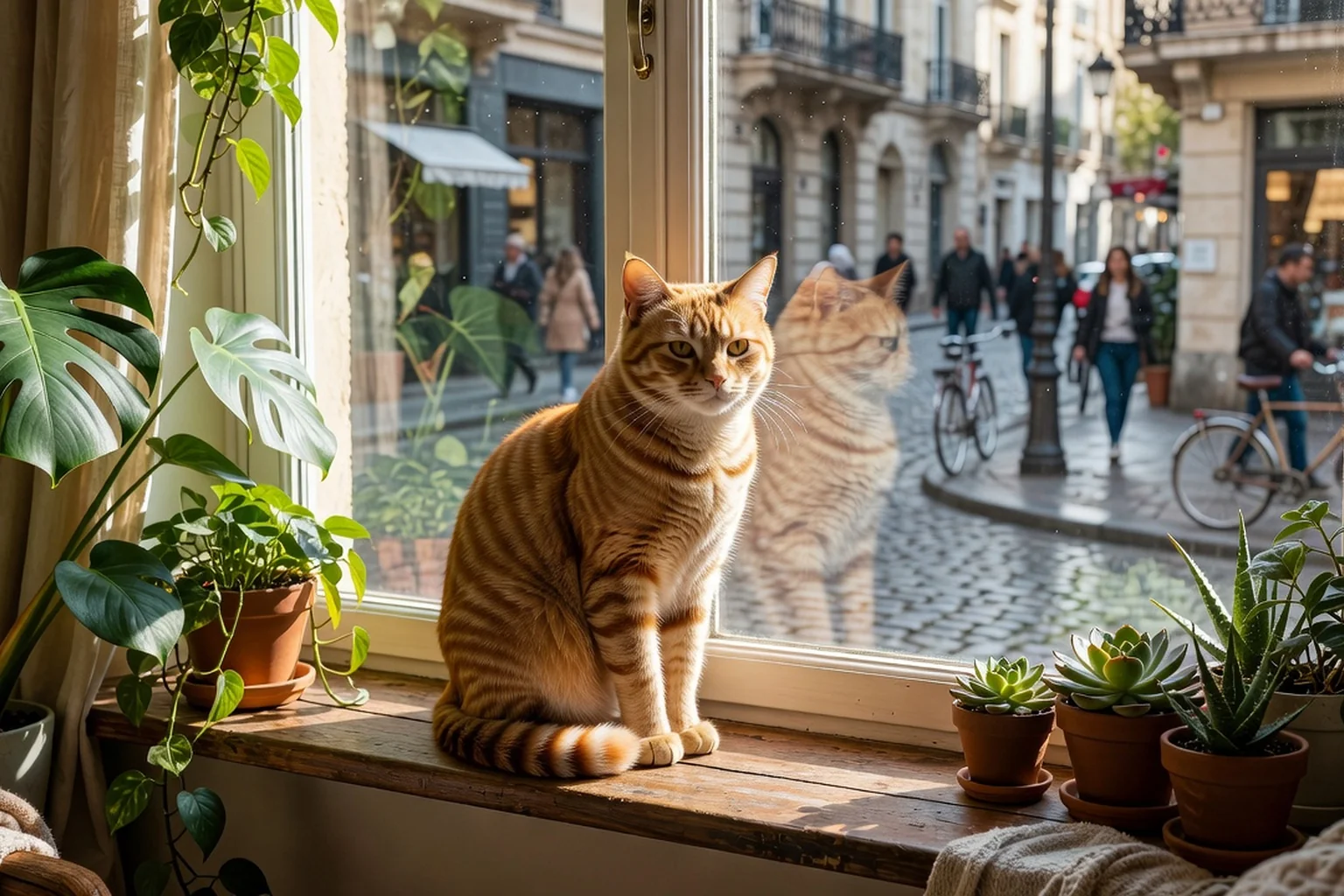 Un chat roux assis sur le rebord ensoleillé d'une fenêtre d'appartement, entouré de plantes vertes, observant la rue avec son reflet dans la vitre