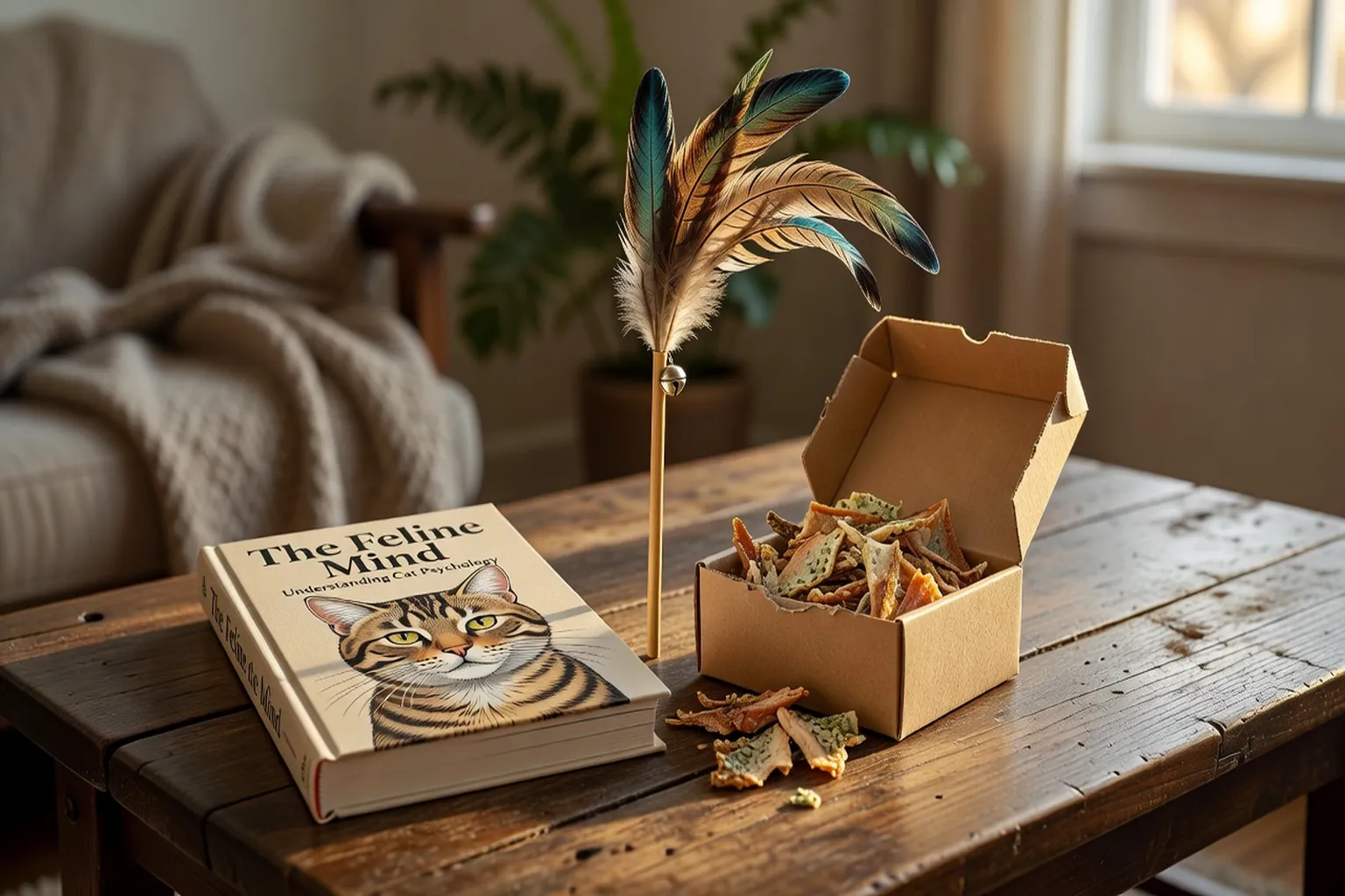 Une table de salon avec une sélection de cadeaux thème chat : livres, jouets et friandises naturelles pour les amoureux des félins