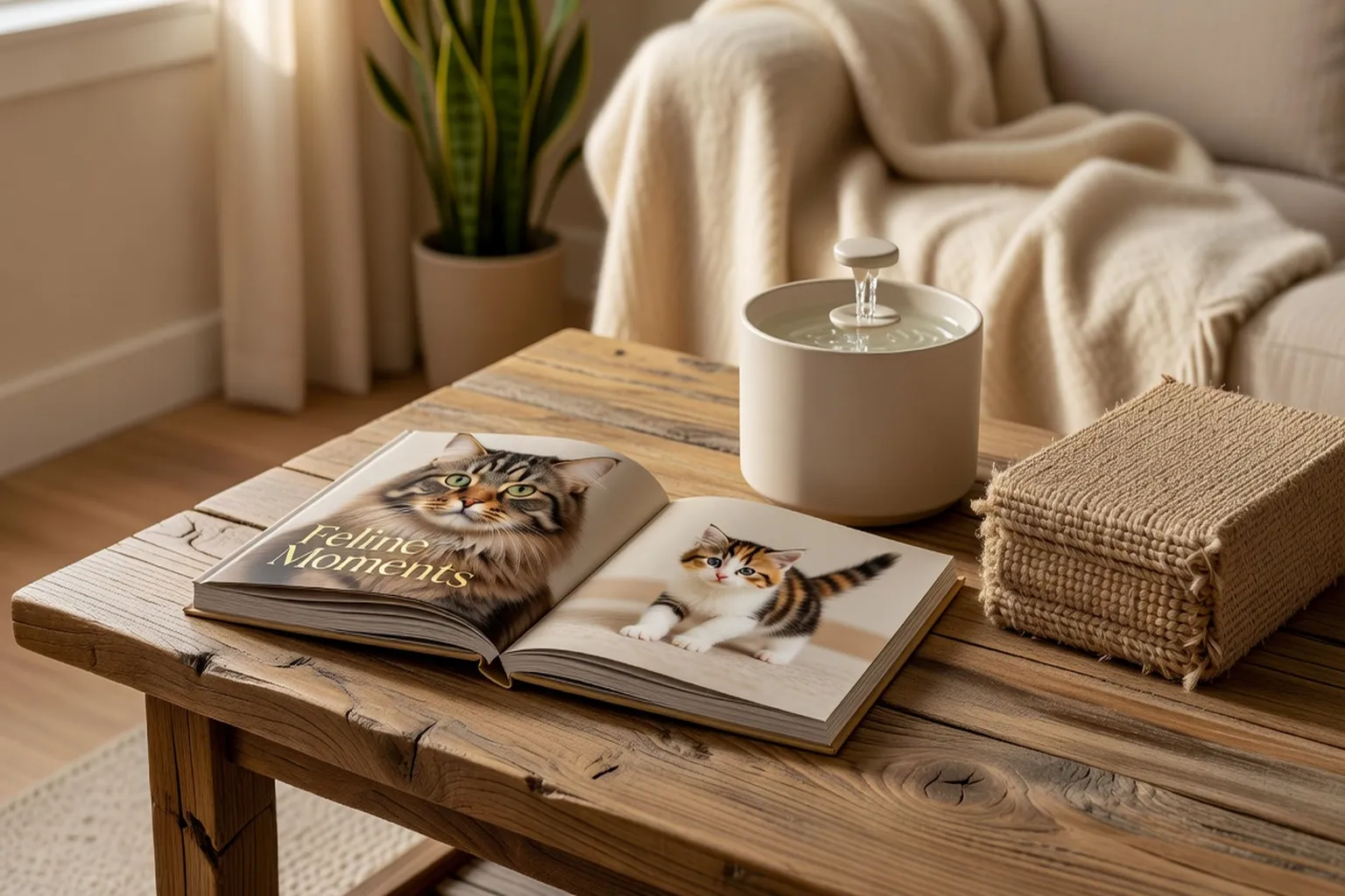 Un beau livre photo de chats posé sur une table en bois naturel, à côté d’une fontaine à eau design et d’un griffoir en sisal — des idées cadeaux qui allient style et utilité