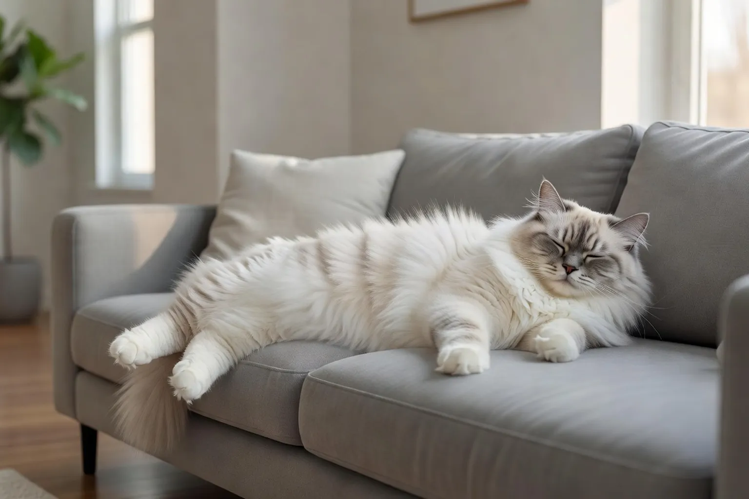 Un Ragdoll géant allongé sur un canapé gris, relaxation totale, appartement moderne et lumineux