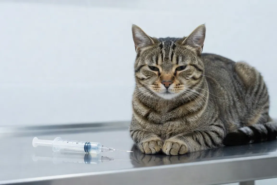 Carnet de santé chat ouvert avec tampons vaccinaux, stylo posé dessus