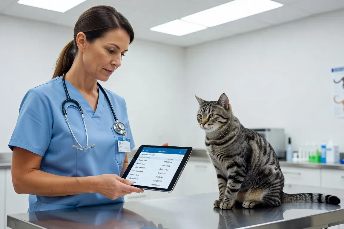 Vétérinaire avec un chat sur la table d'examen, propriétaire présent, cabinet vétérinaire