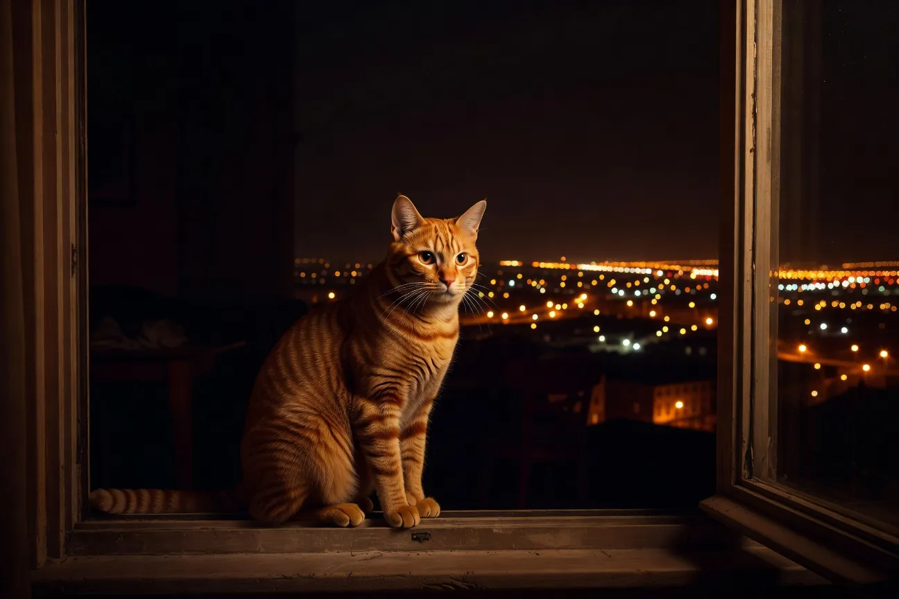 Chat mâle roux tigré assis à la fenêtre la nuit, regardant dehors, atmosphère sombre et lumière de rue