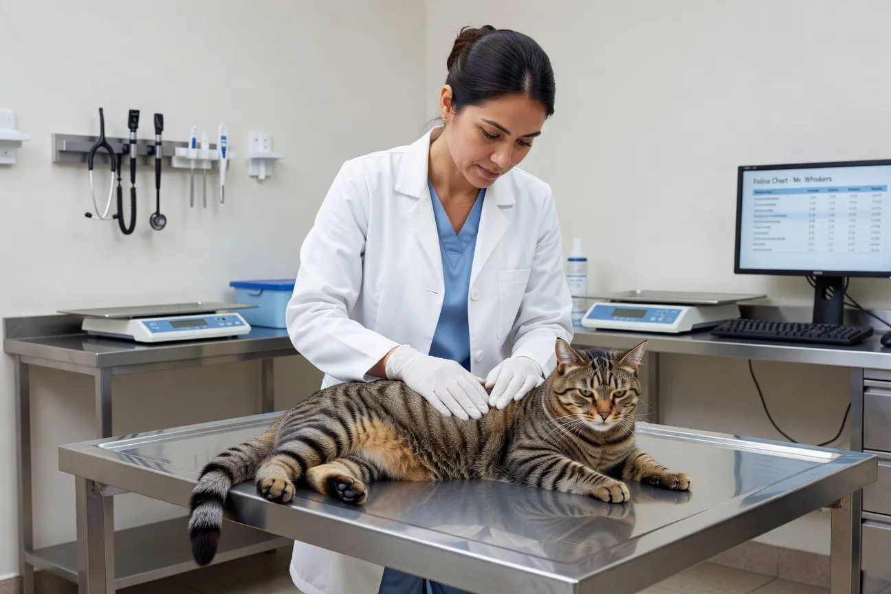 Vétérinaire examinant un chat mâle adulte sur une table d’examen, lumière professionnelle clinique