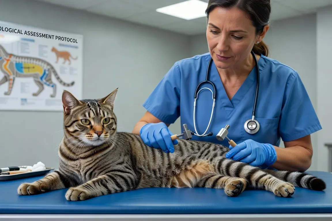 Chat examiné par une vétérinaire, focus sur les pattes arrière, table d'examen clinique