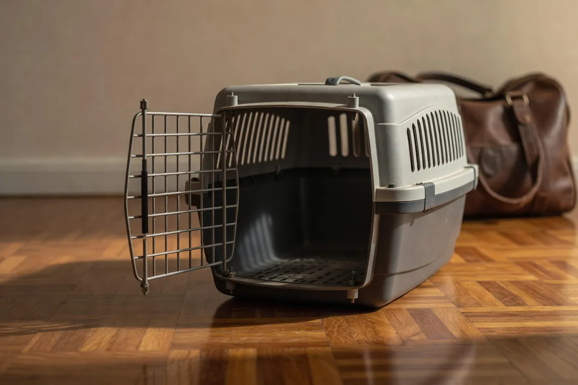 Cage de transport pour chat ouverte et vide posée sur le parquet d'une entrée, lumière douce de fin d'après-midi, ambiance intime et indécise