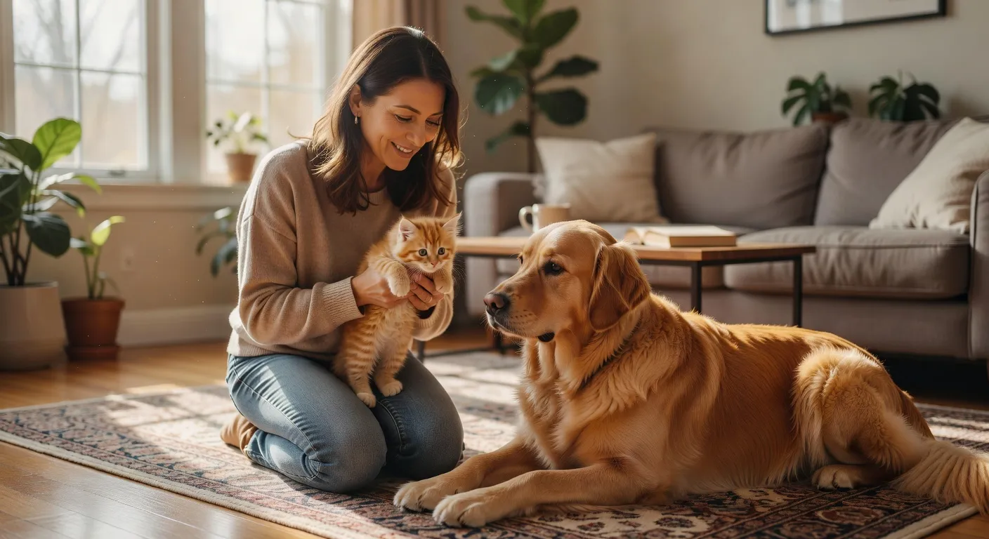 Un chat et un chien partageant un panier douillet dans une ambiance calme et chaleureuse