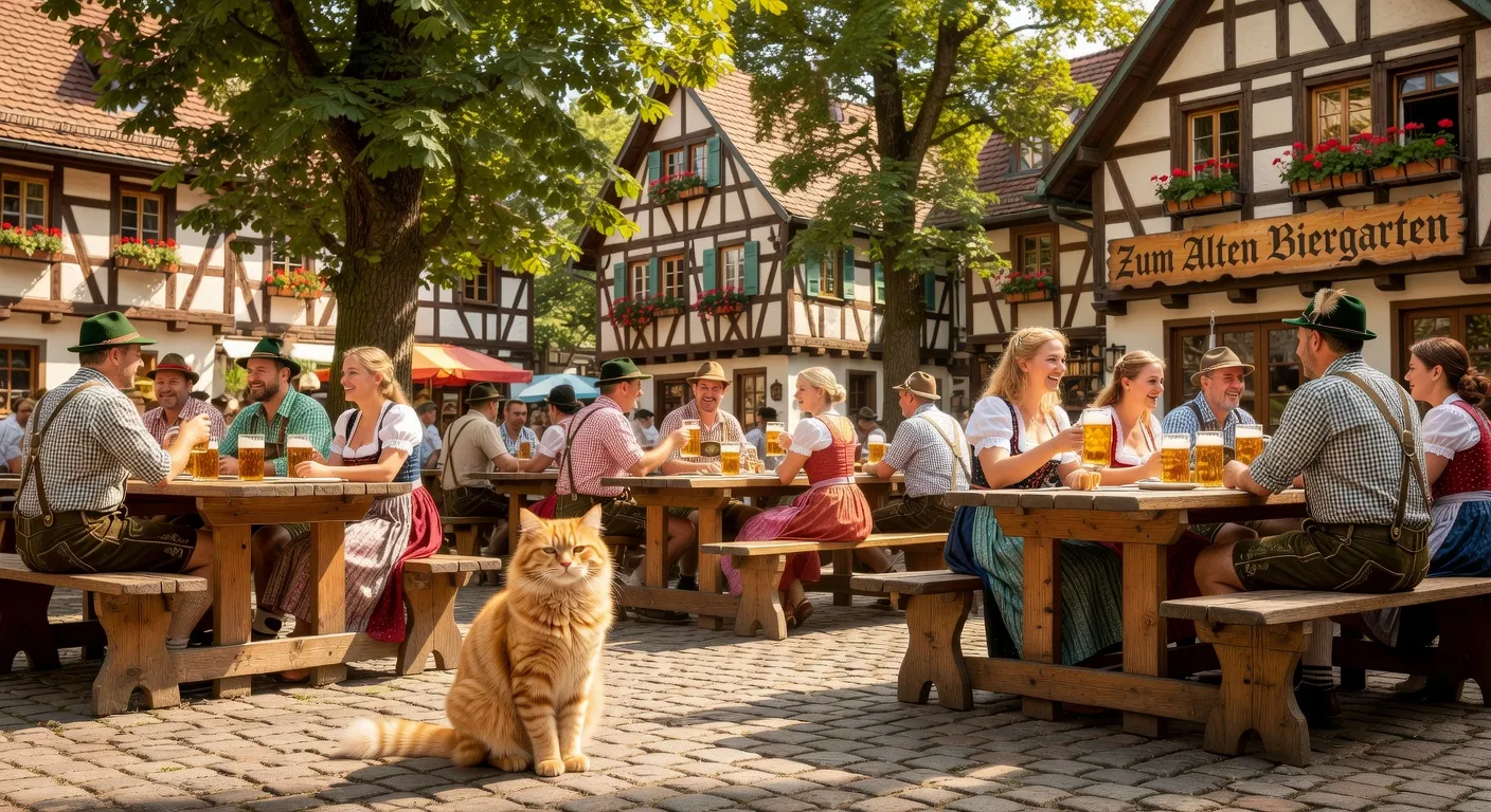 Un Maine Coon tabby majestueux dans un jardin bavarois avec des fleurs printanières