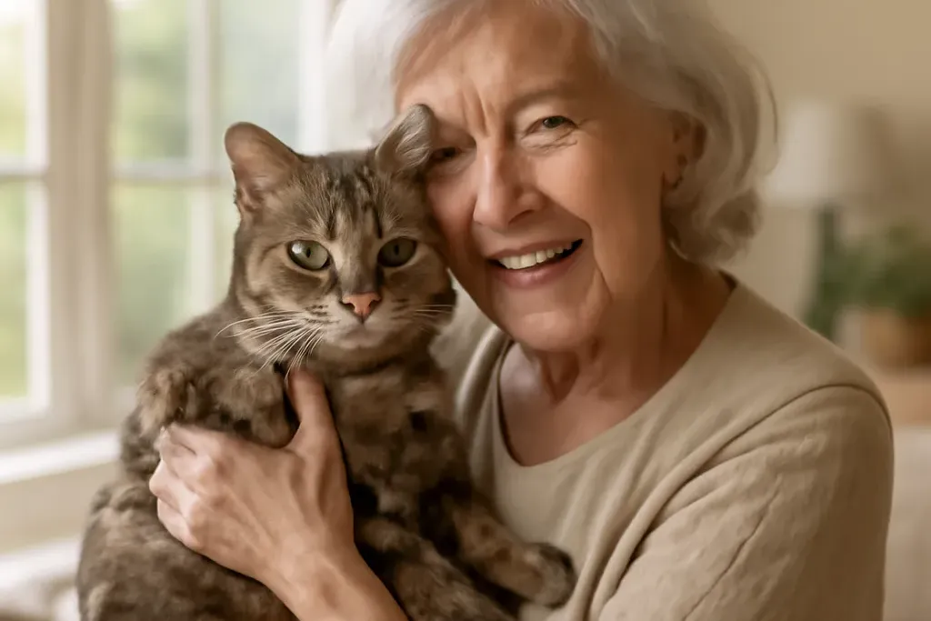 Une personne âgée souriante tenant un chat dans ses bras dans un salon lumineux