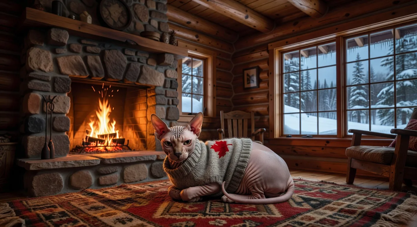 Un Cymric roux sans queue dans un jardin automnal canadien avec des érables aux feuilles rouges