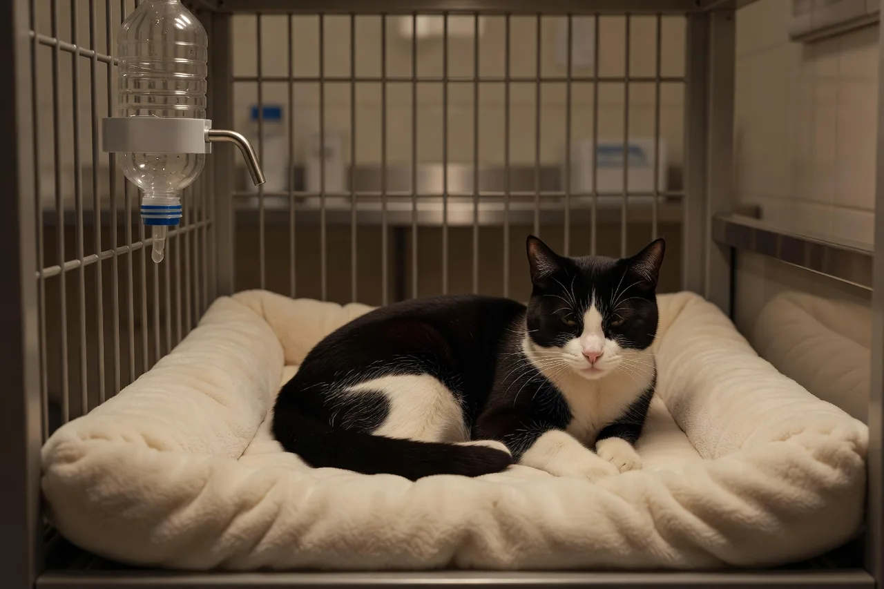 Chat noir et blanc se reposant dans une cage de récupération vétérinaire, literie moelleuse, atmosphère apaisée de guérison