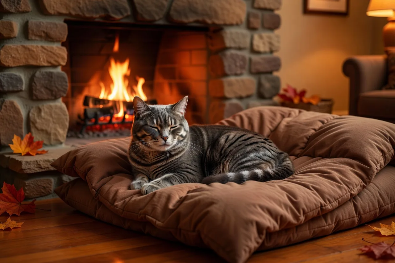 Chat senior gris aux yeux bleu clair se reposant paisiblement sur un coussin moelleux près d'une cheminée, lumière douce du soir