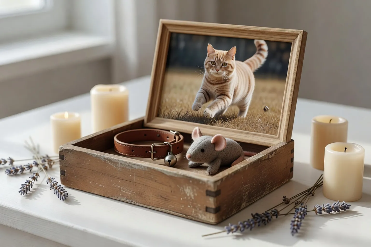 Une boîte souvenir avec le collier d’un chat, un jouet, une photo — rituel mémoriel doux et réconfortant