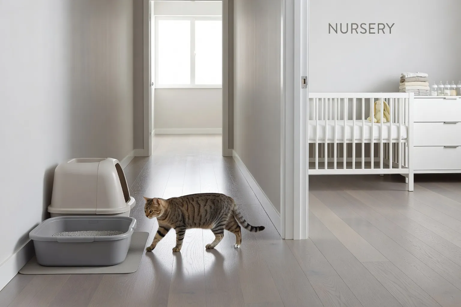 Un enfant de 2 ans s’asseyant tranquillement à côté d’un chat adulte couché au soleil, tous deux dans une posture calme et confiante