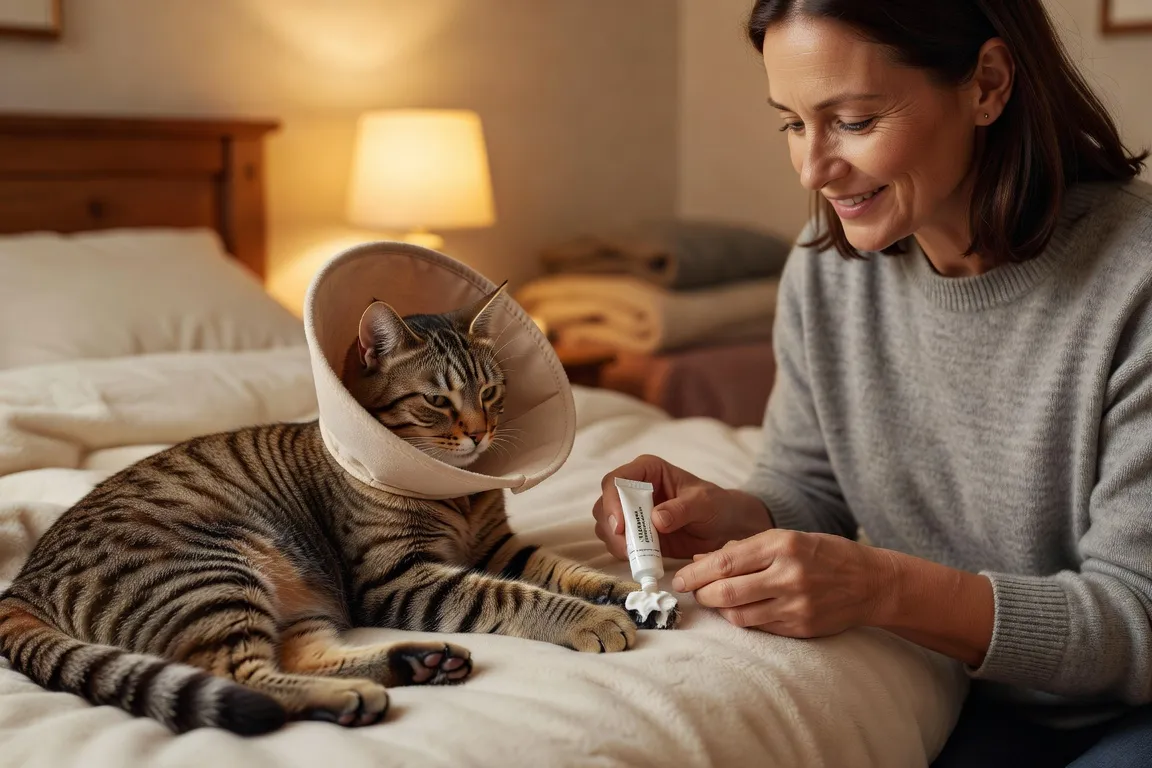 Un jeune chat tigré portant une collerette souple se laissant soigner les pattes par son propriétaire avec une crème vétérinaire