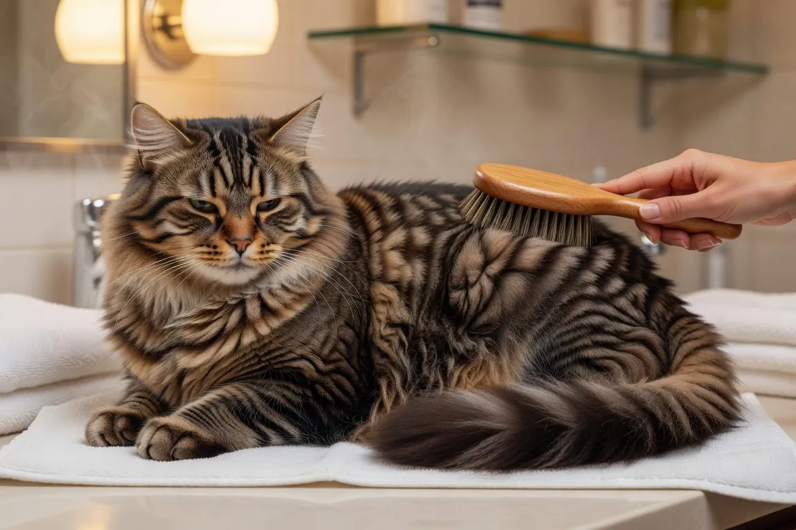 Un chat tigré au pelage dense se faisant brosser avec une brosse douce, posé sur une serviette propre
