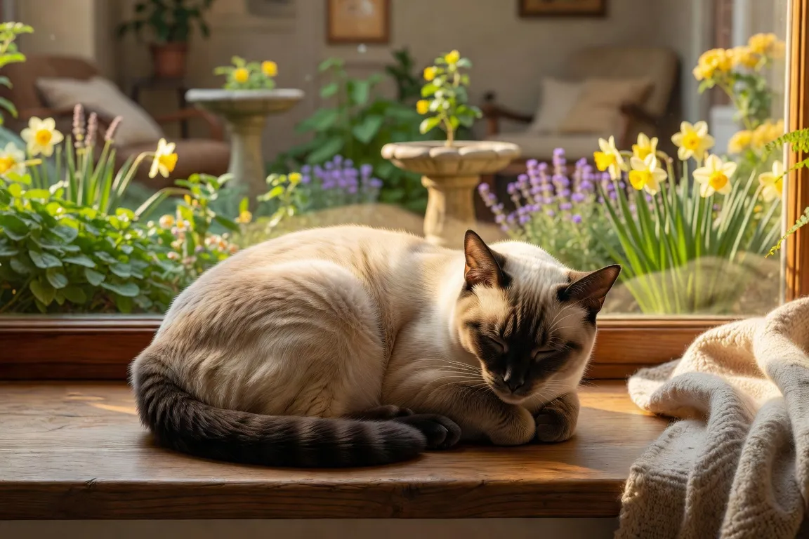 Un chat siamois dormant en boule dans un rayon de soleil sur un rebord de fenêtre avec vue sur un jardin