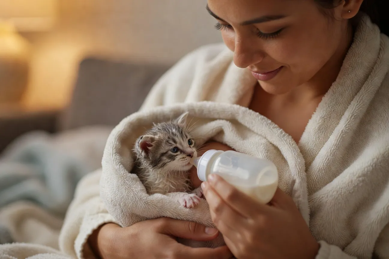 Une jeune professionnelle souriant en nourrissant des chats dans un refuge