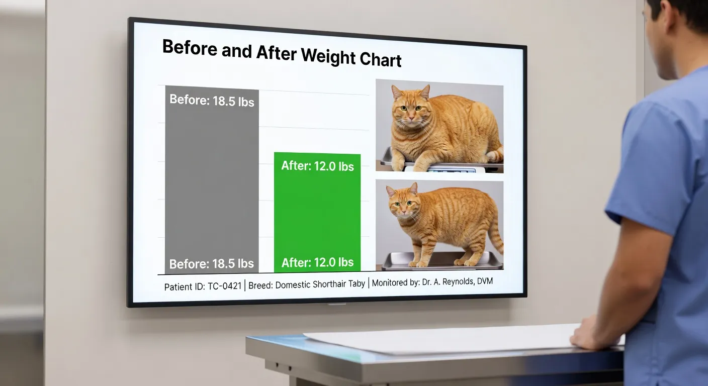 Un chat qui court après un jouet plume dans un couloir avec un arbre à chat en arrière-plan