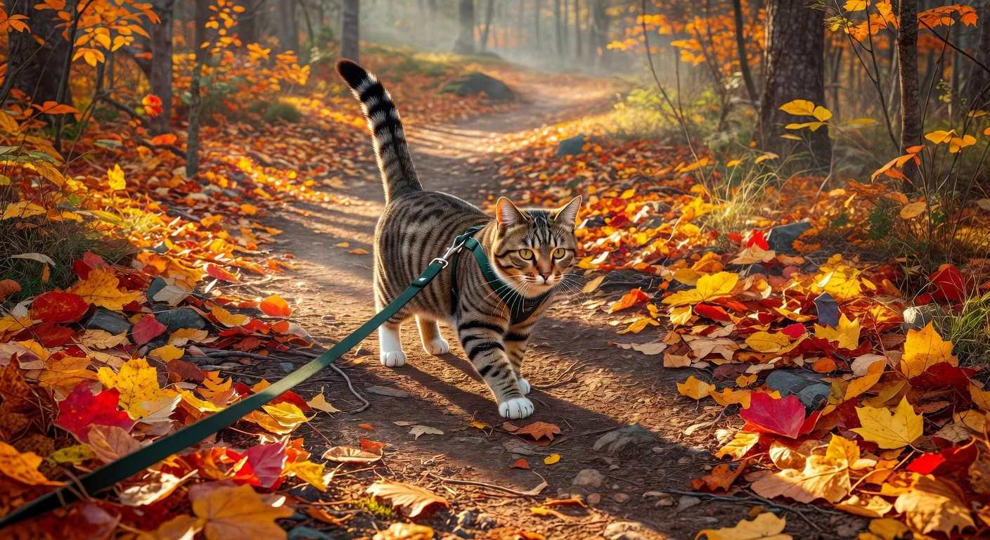 Un chat explorant sereinement un sentier naturel en laisse