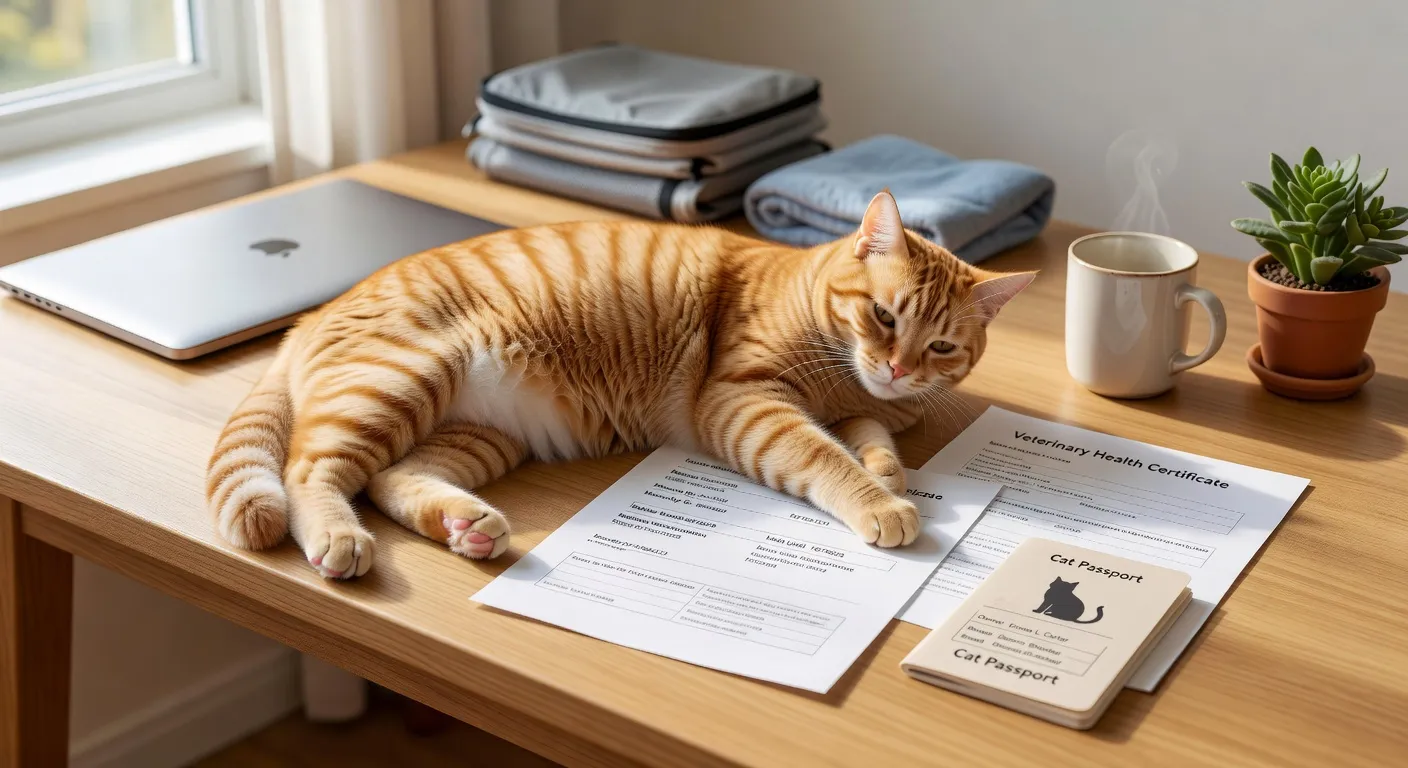 Un voyageur à l'aéroport avec un sac de transport pour chat, documents en main