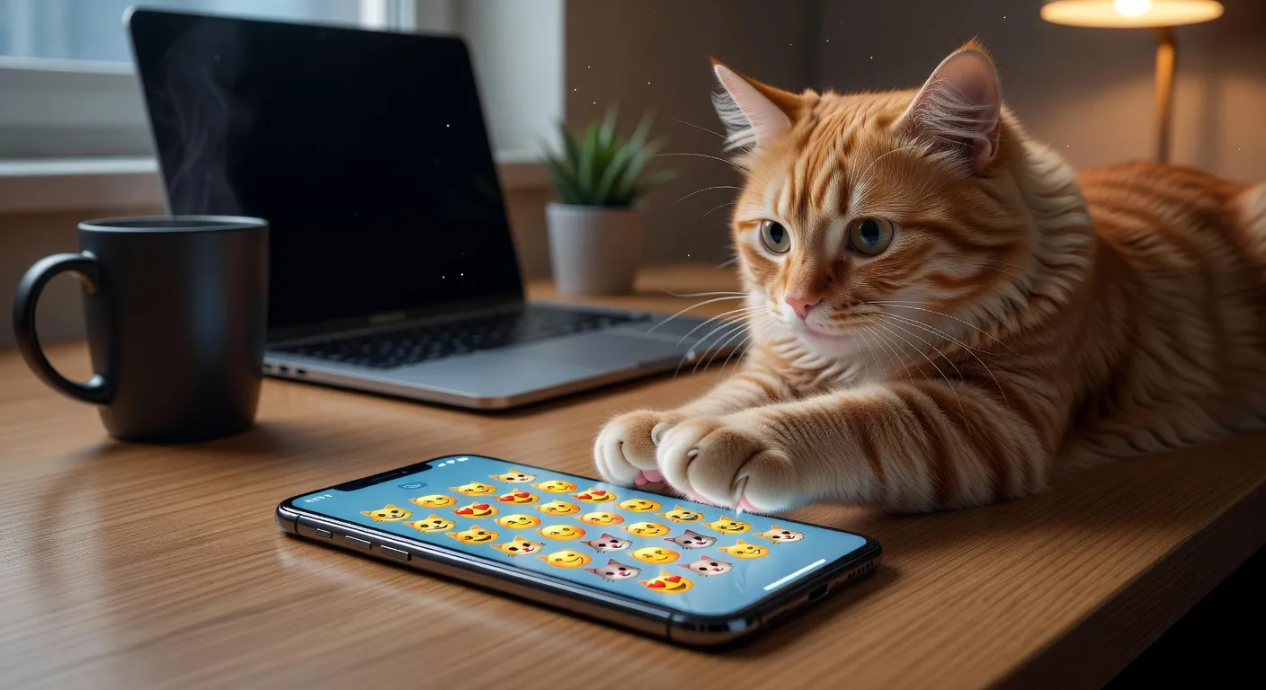 Un chat vrai regardant un écran de téléphone avec des emojis chat affichés