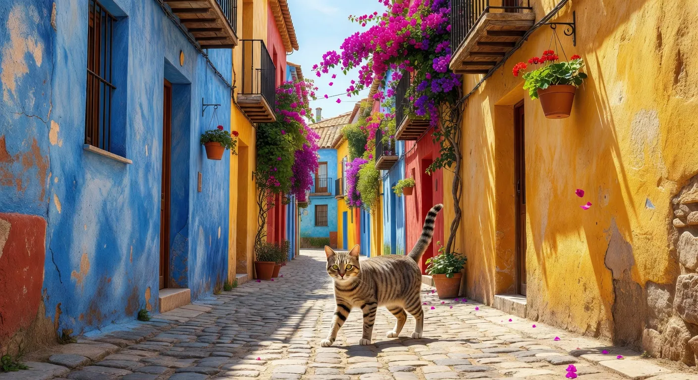 Un Chartreux au pelage gris-bleu et aux yeux dorés reposant sur une terrasse espagnole avec des orangers en arrière-plan