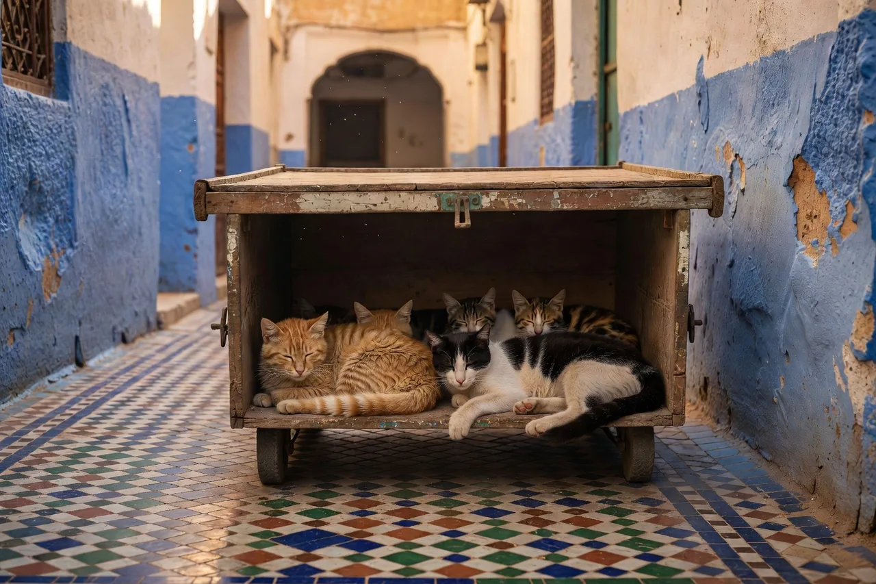 Plusieurs chats errants dormant à l'ombre d'une charrette en bois dans une ruelle étroite de la médina d'Essaouira, murs blancs et bleus, ombres douces
