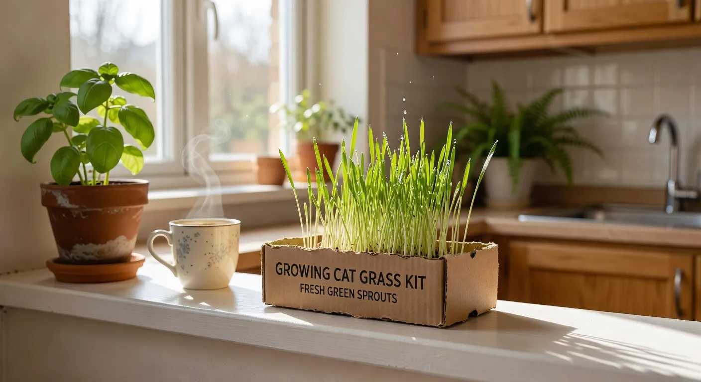 Trois petits pots d'herbe à chat à différents stades de croissance alignés sur un rebord de fenêtre ensoleillé