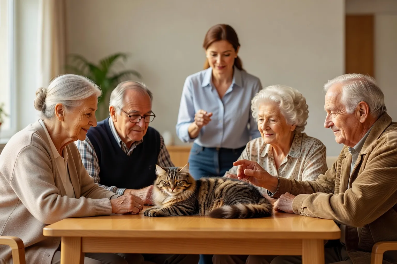 Un chat tigré adulte calme allongé sur le lit d’un résident en EHPAD, sous les mains bienveillantes d’une personne âgée