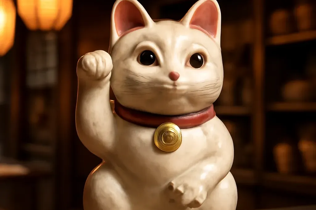 Statuette en céramique d'un maneki-neko japonais à la patte levée dans un intérieur traditionnel d'échoppe Edo avec lanternes en papier et étagères en bois clair