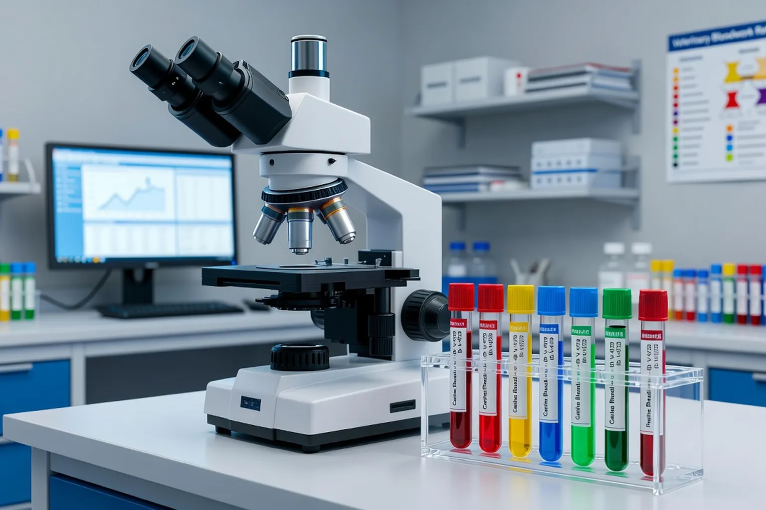Microscope de laboratoire vétérinaire, tubes d’analyse sanguine colorés, contexte de diagnostic clinique félin