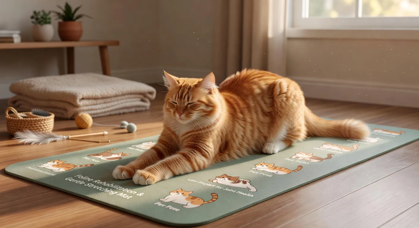 Un chat roux portant un chariot d'aide à la marche se déplaçant dans un jardin