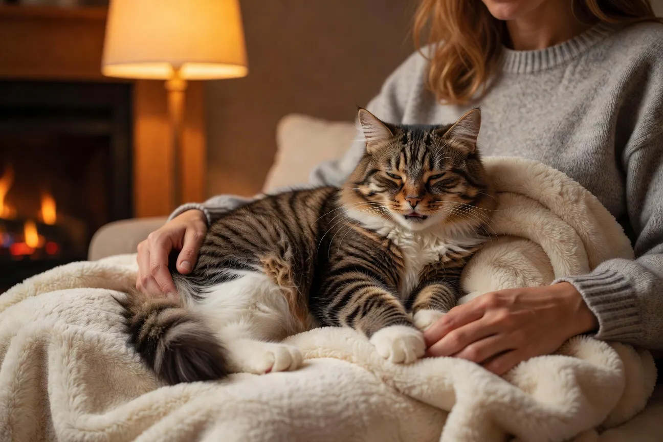Un chat roux détendu qui pétrit un coussin avec ses pattes