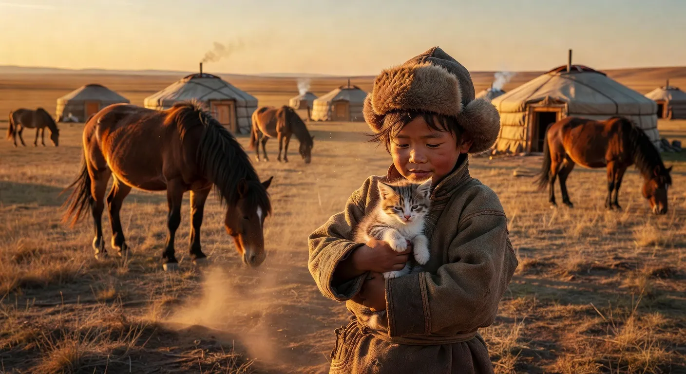 Paysage de steppe mongole avec des yourtes au loin et un chat domestique au premier plan