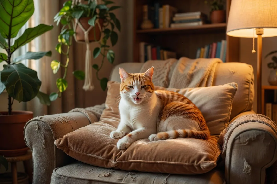 Un chat blanc et roux pétrissant un coussin en ronronnant dans un salon cosy avec des plantes vertes
