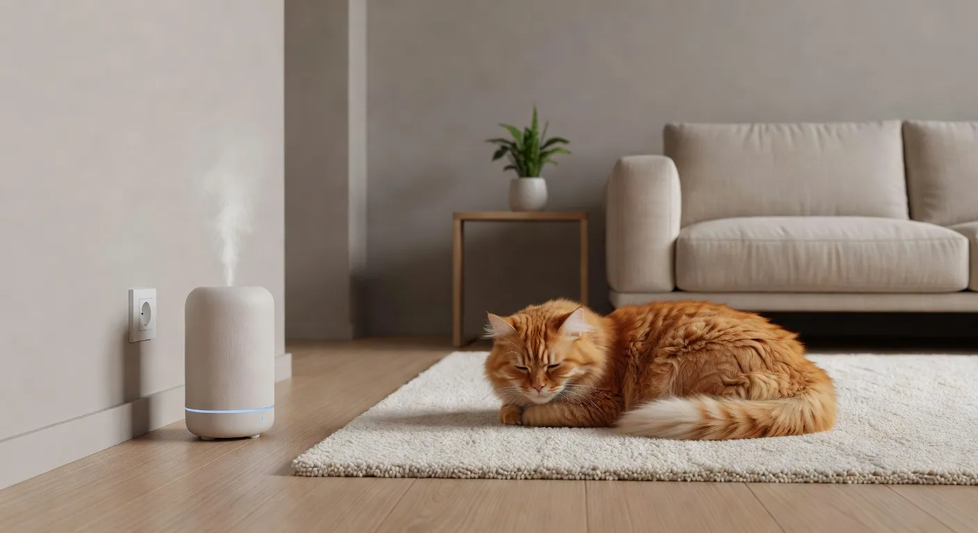 Un diffuseur de phéromones branché dans une prise murale à côté d'un panier pour chat douillet