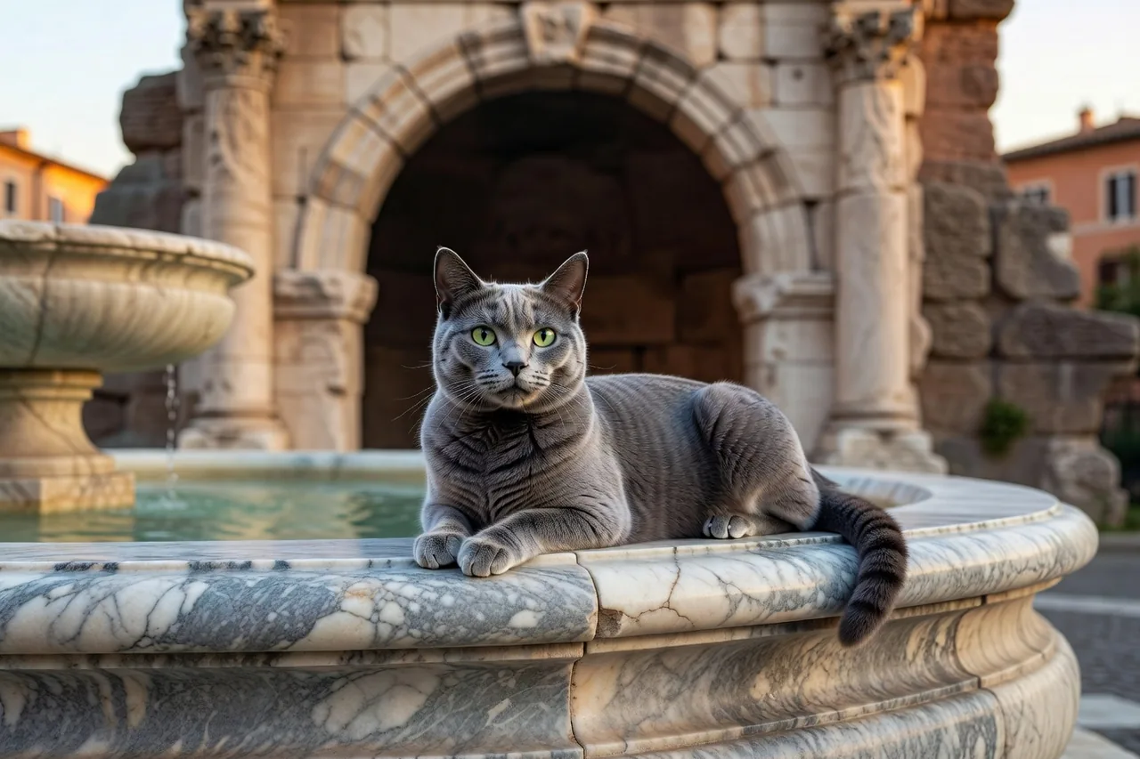 Chat gris-bleu italien aux yeux verts brillants allongé sur le bord d'une fontaine en marbre romain, soft summer evening light, blurred ancient stone arch in background