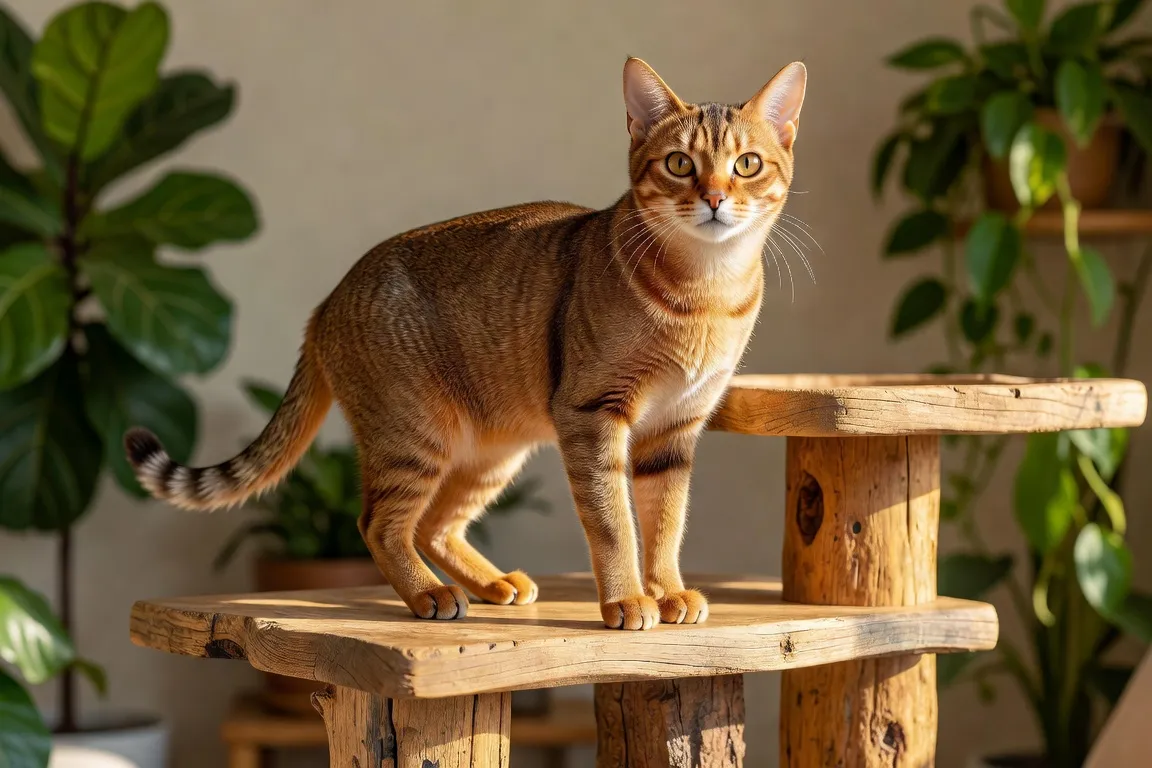 Un chat Abyssin ticked posant fièrement sur un arbre à chat en bois naturel