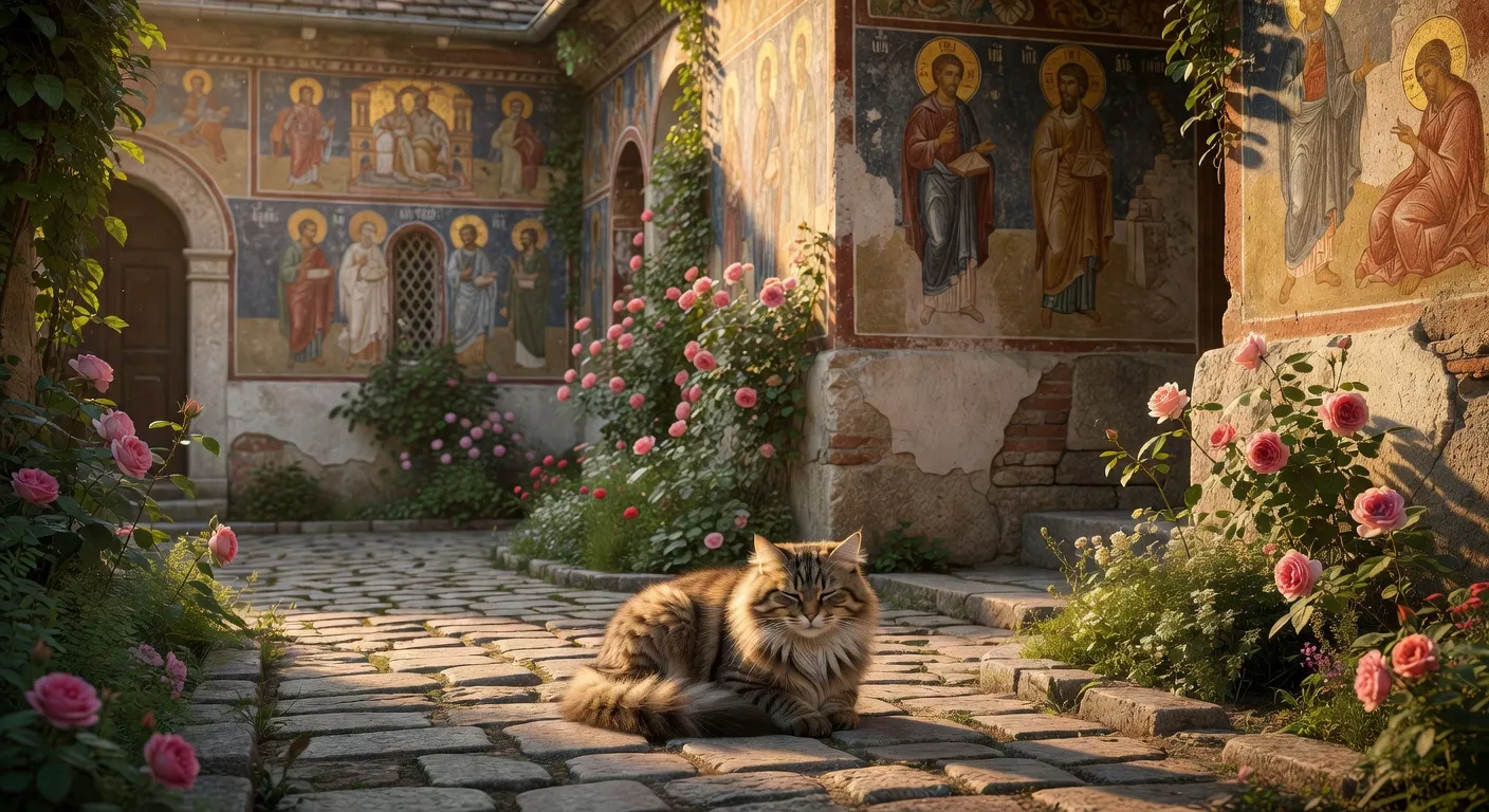 Chats de ferme roumains se prélassant au soleil devant une maison traditionnelle de Transylvanie