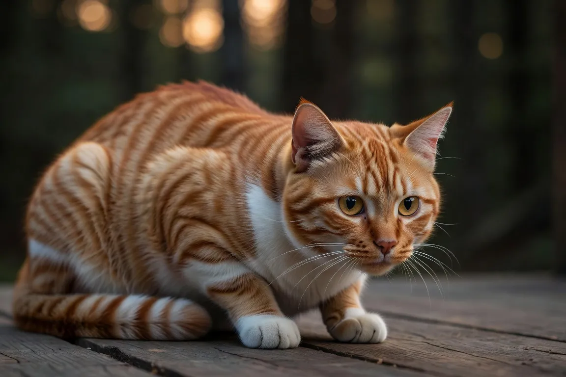 Chat roux et blanc en posture d'alerte défensive, fourrure légèrement hérissée, yeux dorés grands ouverts, sur les planches d'une terrasse de chalet en bois, lumière dorée du soir